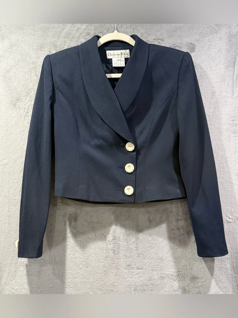 Vintage Christian Dior Cropped Navy Blazer 3 Button Women’s Size 2 Designer